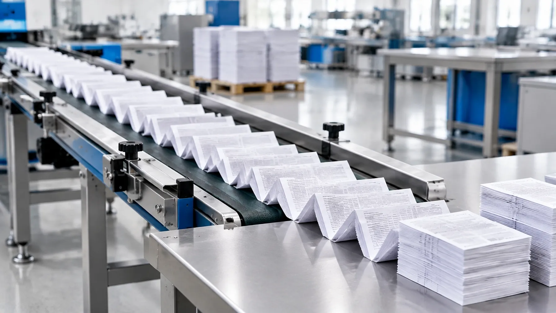 Folded medical IFU leaflets moving along a commercial conveyor