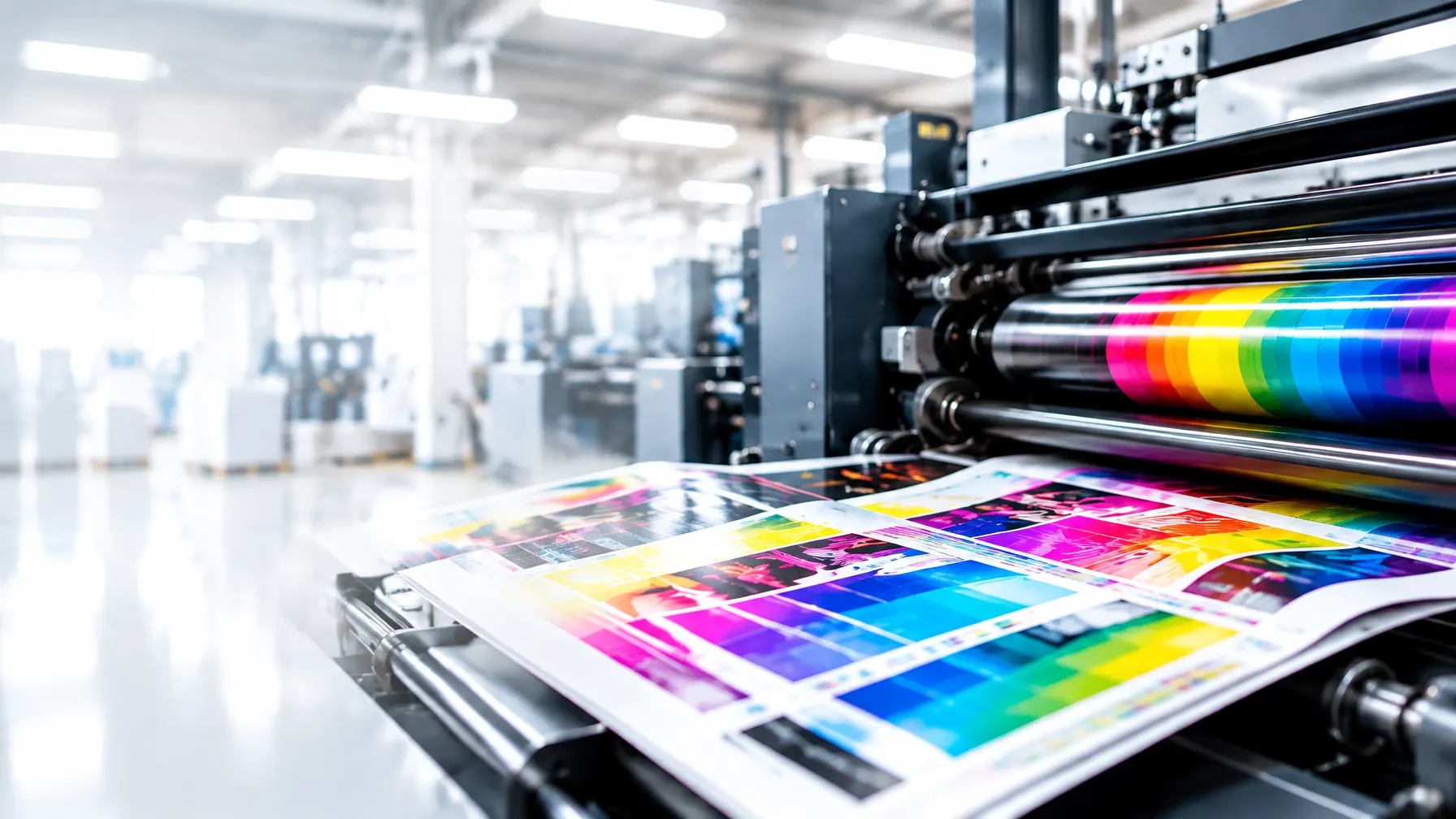 Commercial printing press running vibrant CMYK print sheets